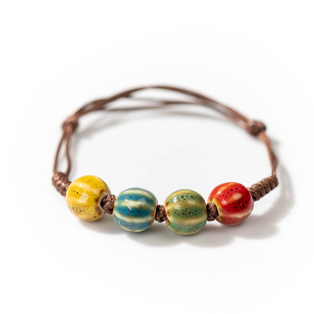 Ceramic Link Bracelet - Handmade Ceramic Retro Style Beads Adjustable